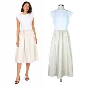 JS71 | White Minimalist T-Shirt Cotton Cream Poplin Skirt Midi Dress Size Small